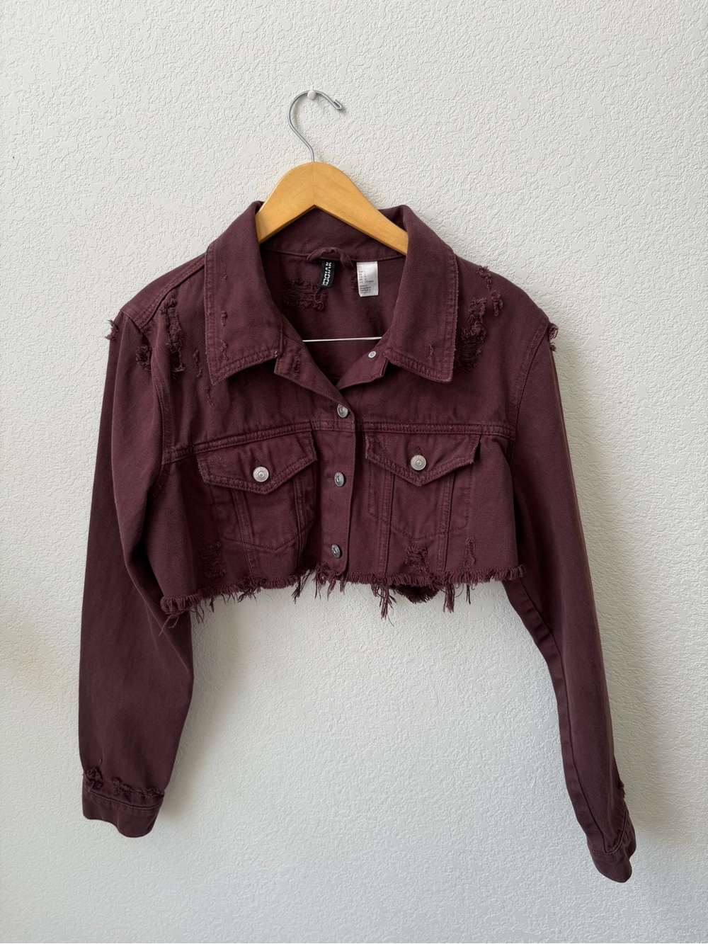 H&M Size L Cropped Distressed Jean Jacket in Brown 100% Cotton